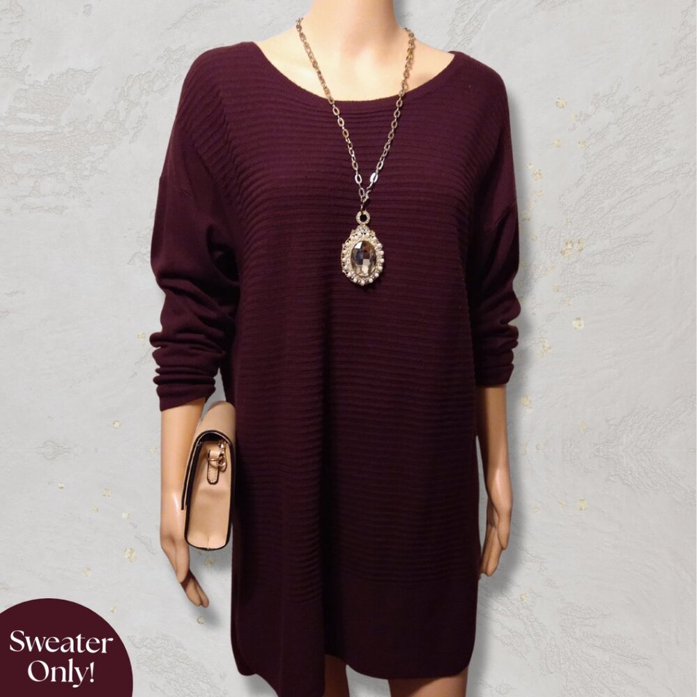 Dressy Women’s Long Sleeve Tunic Plum/Burgundy Ribbed Knit Sweater – Size Large